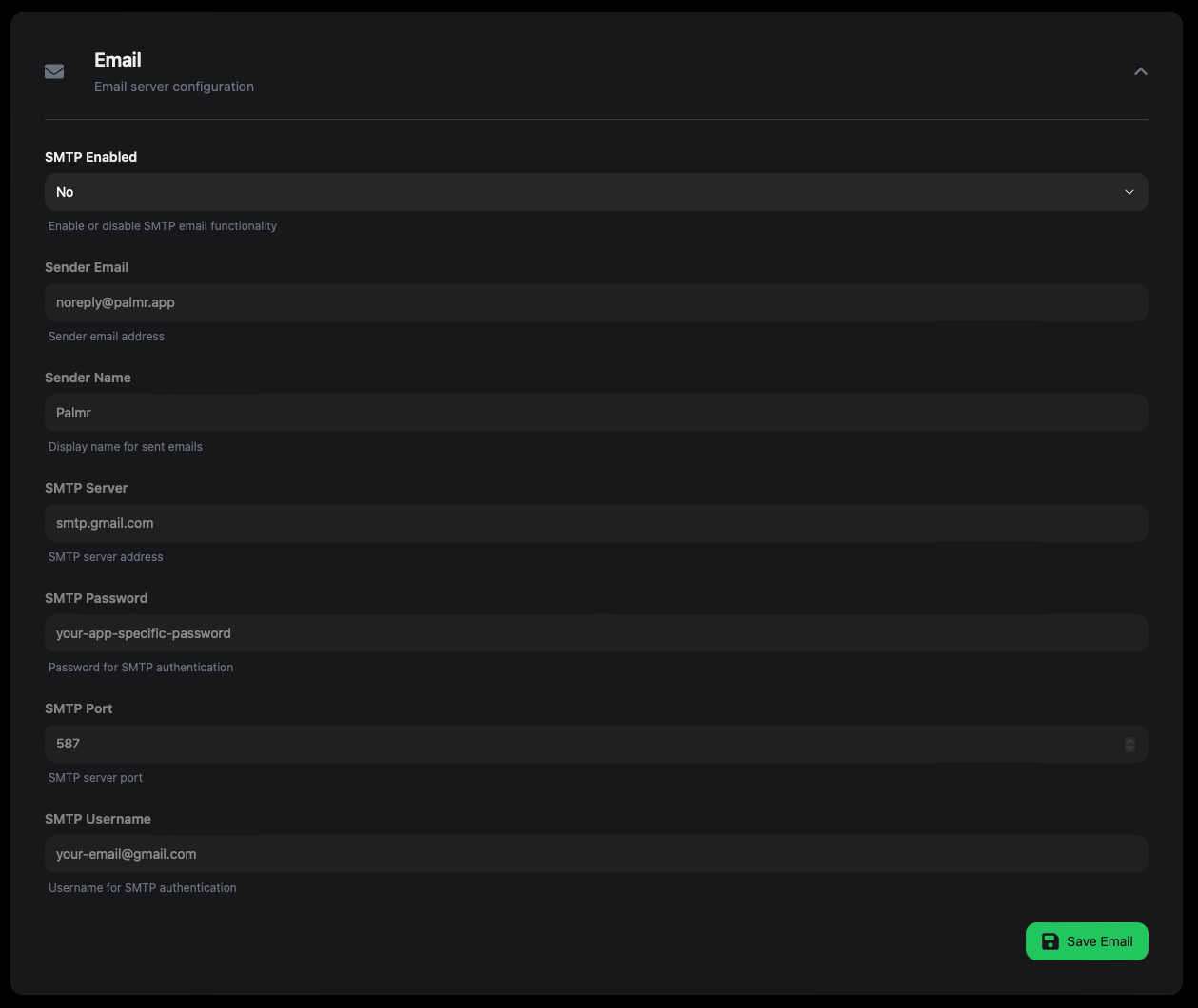 Opened Settings Card