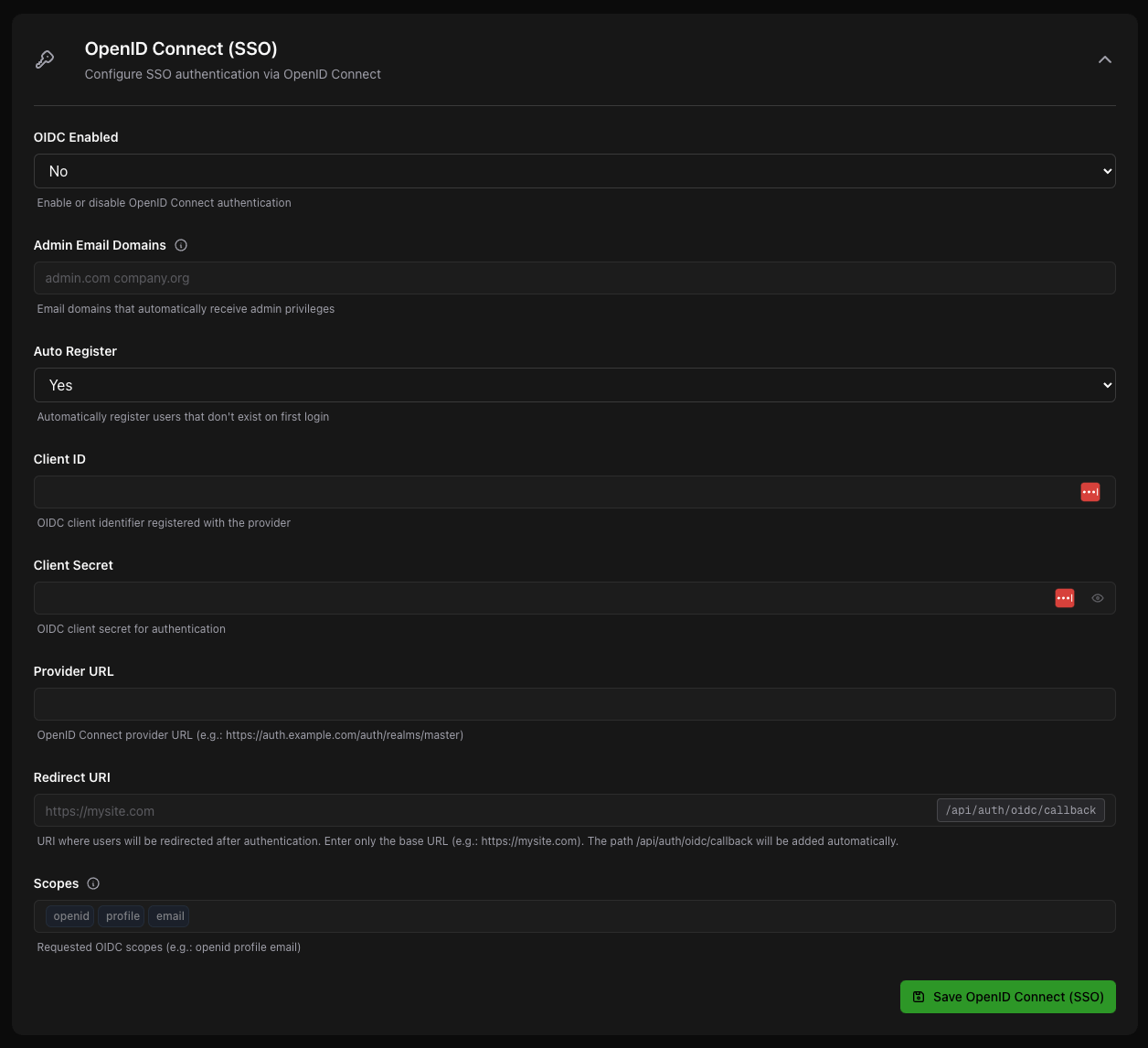 OIDC Settings Panel