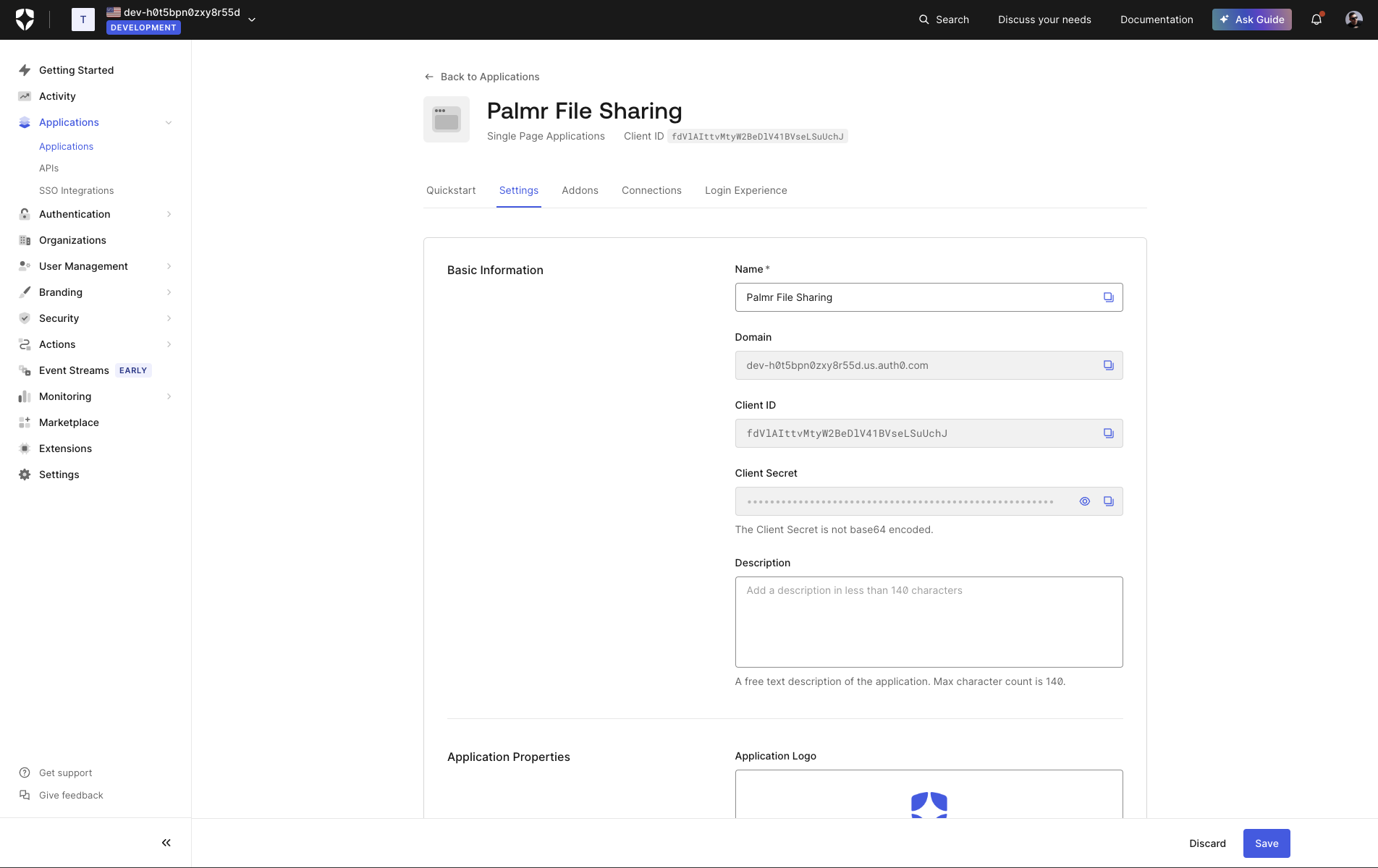 Auth0 Application Settings