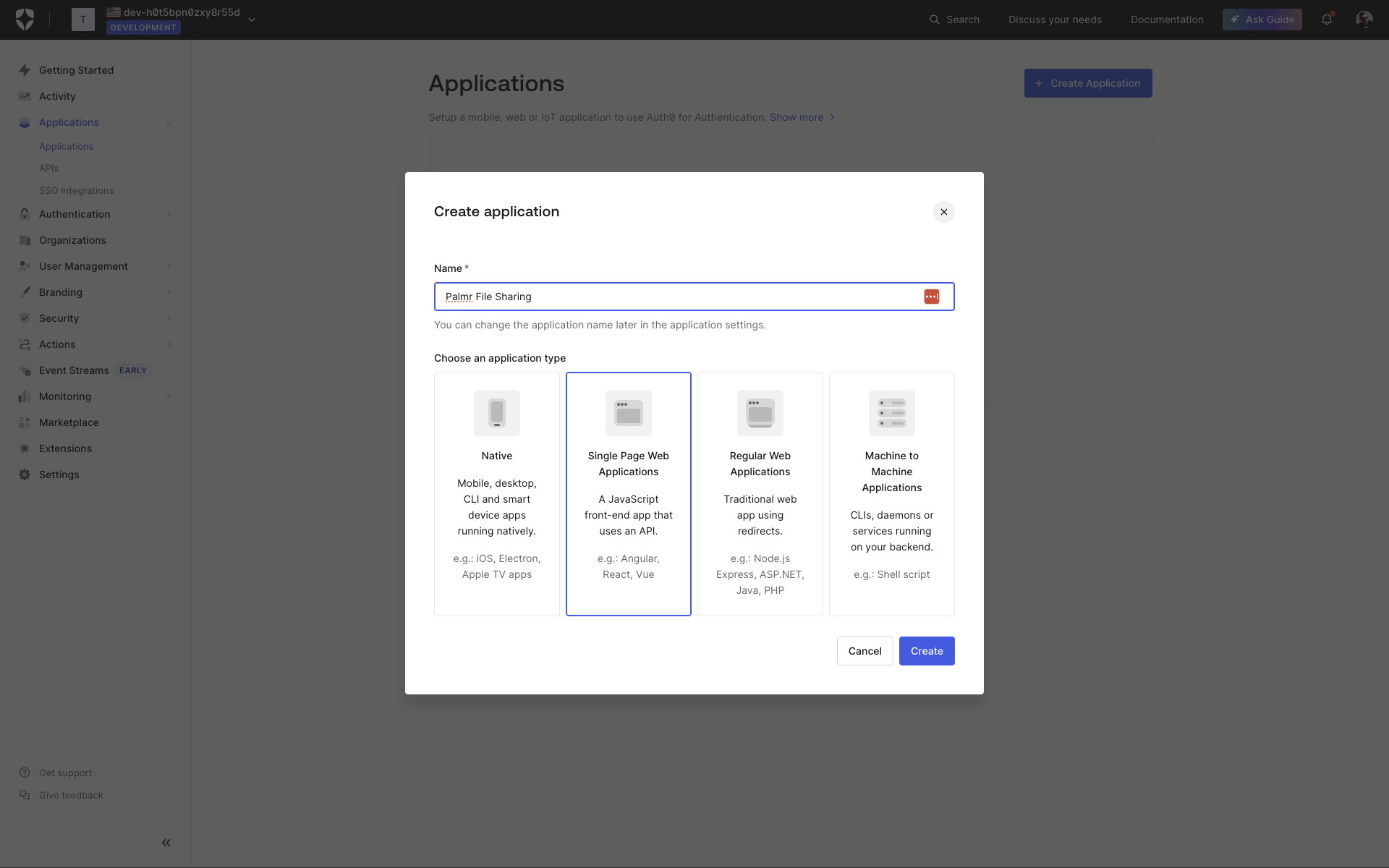 Auth0 Application Type Selection