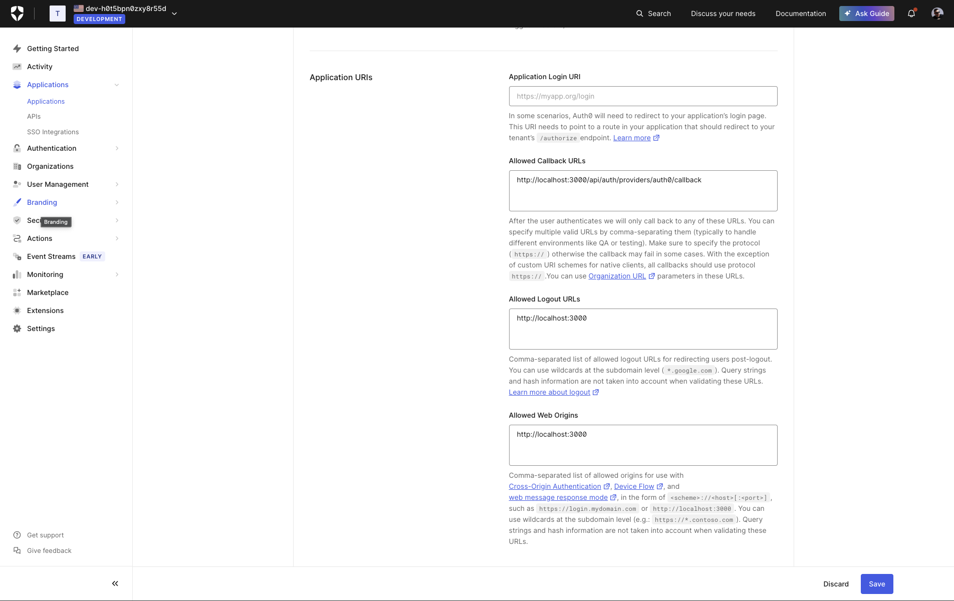Auth0 Application URLs Configuration