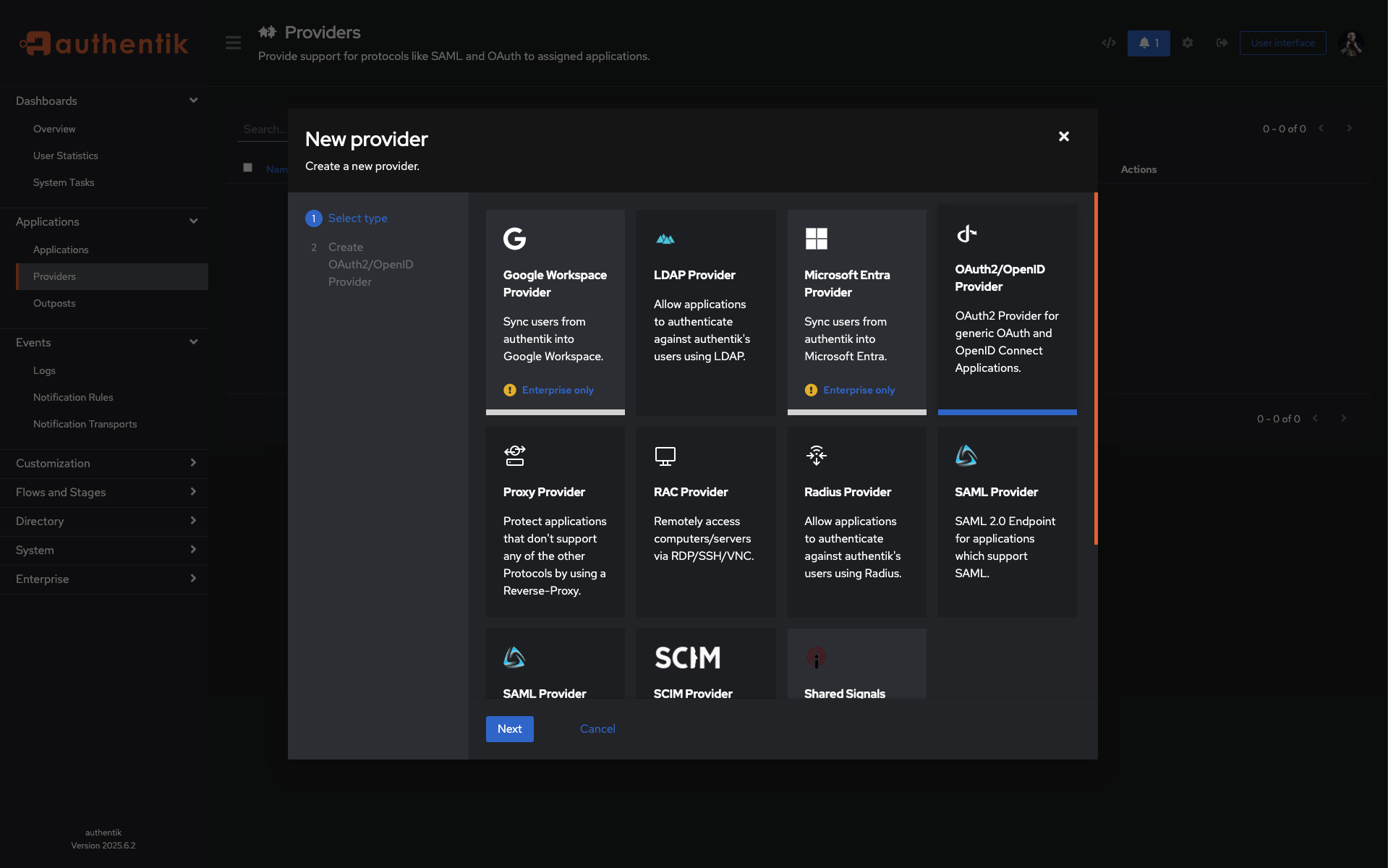 Authentik Provider Type Selection