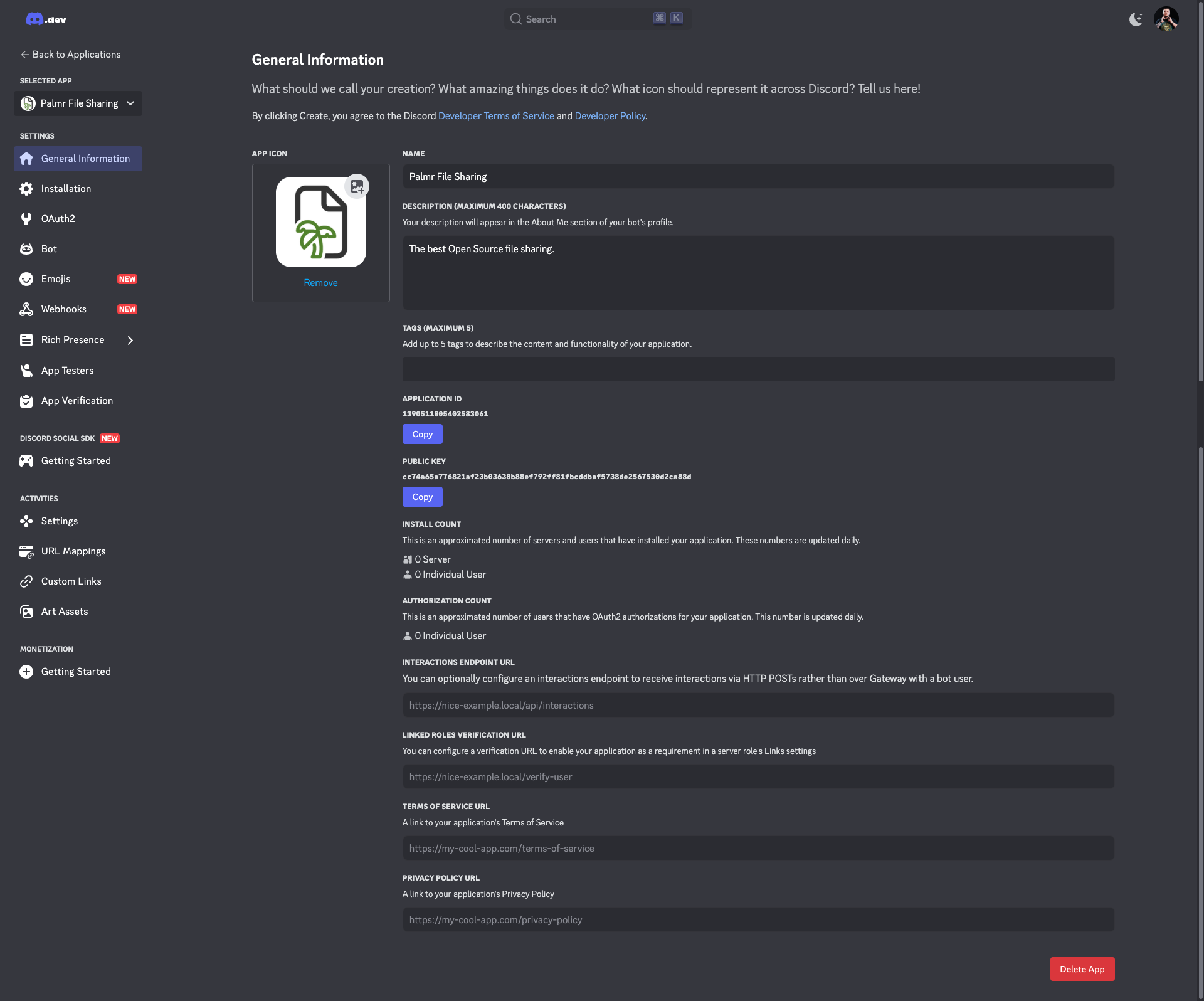 Discord Application Settings