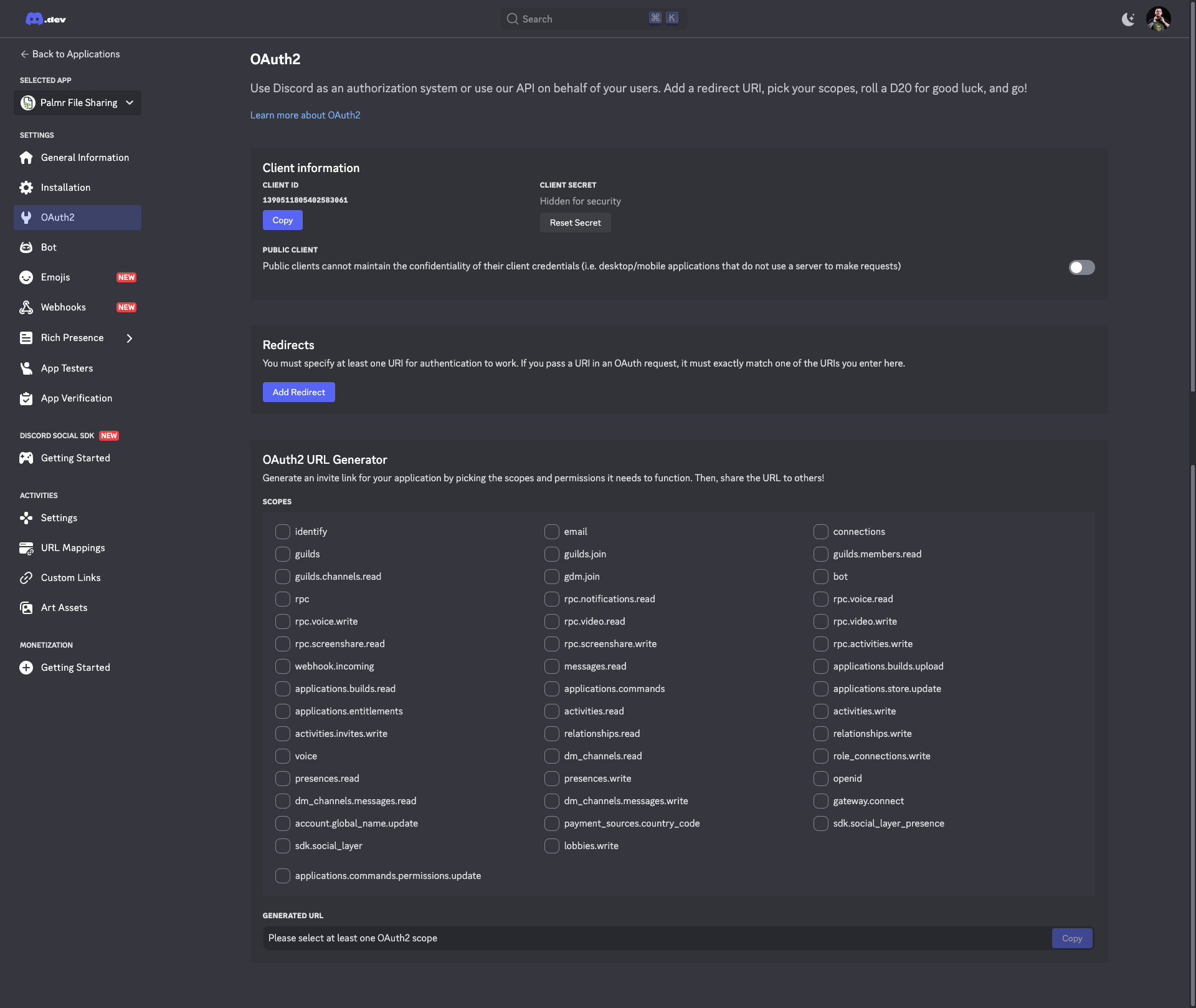 Discord OAuth2 General Settings