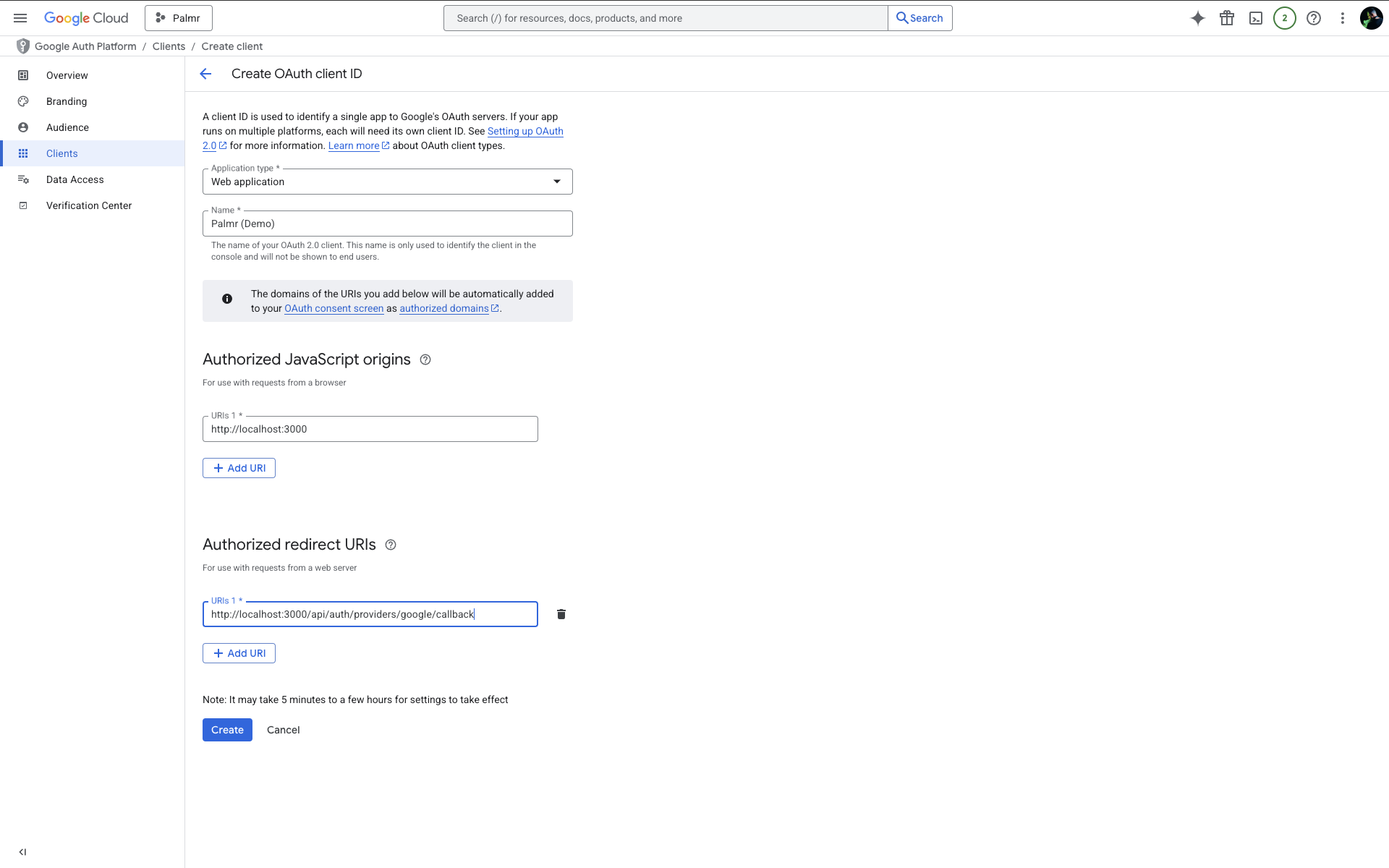 Google Cloud Console Allowed URLs
