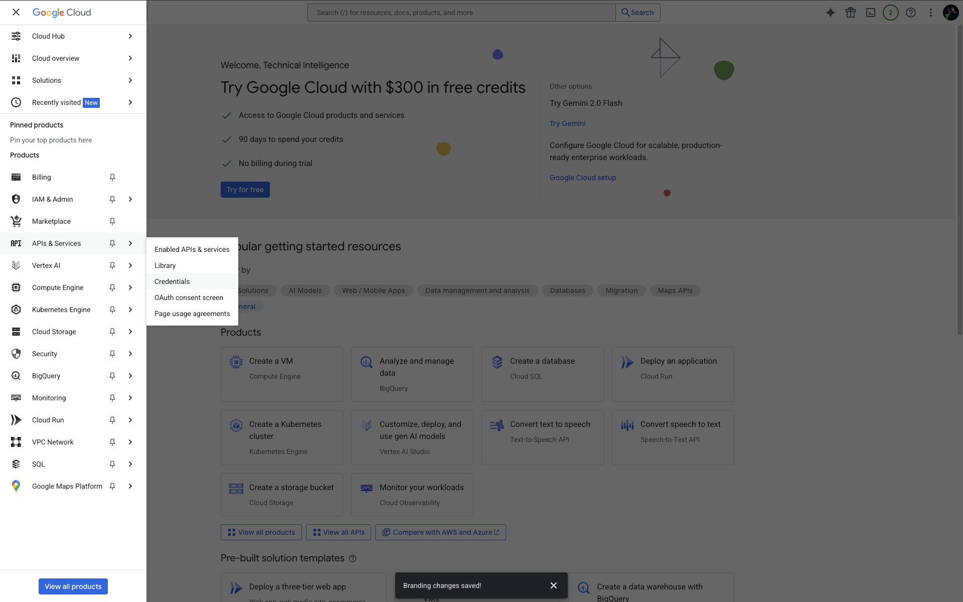 Google Cloud Console Credentials select