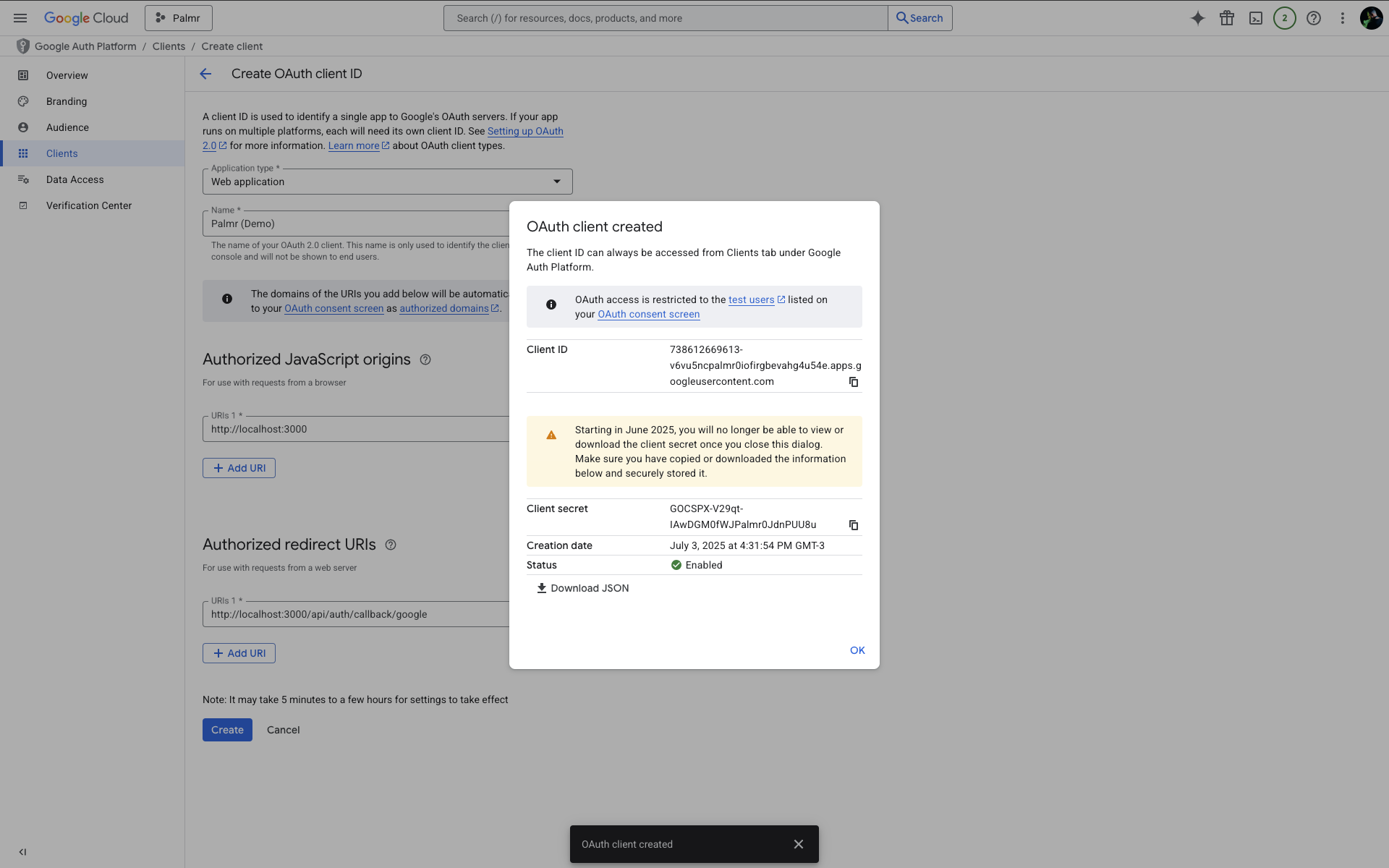 Google Cloud Console Client ID and Client Secret