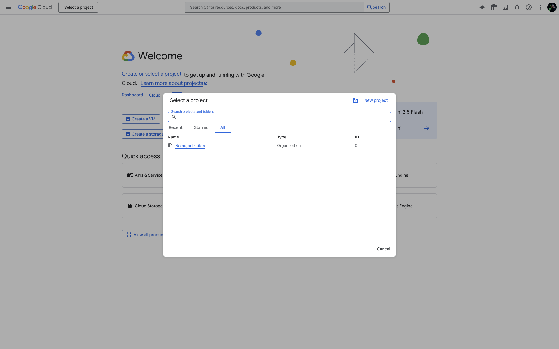 Google Cloud Console Select Project Modal
