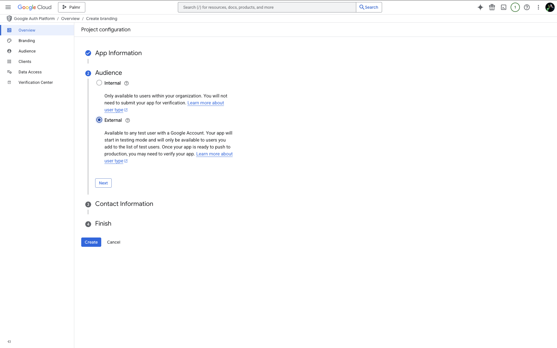 Google Cloud Console User Type Select