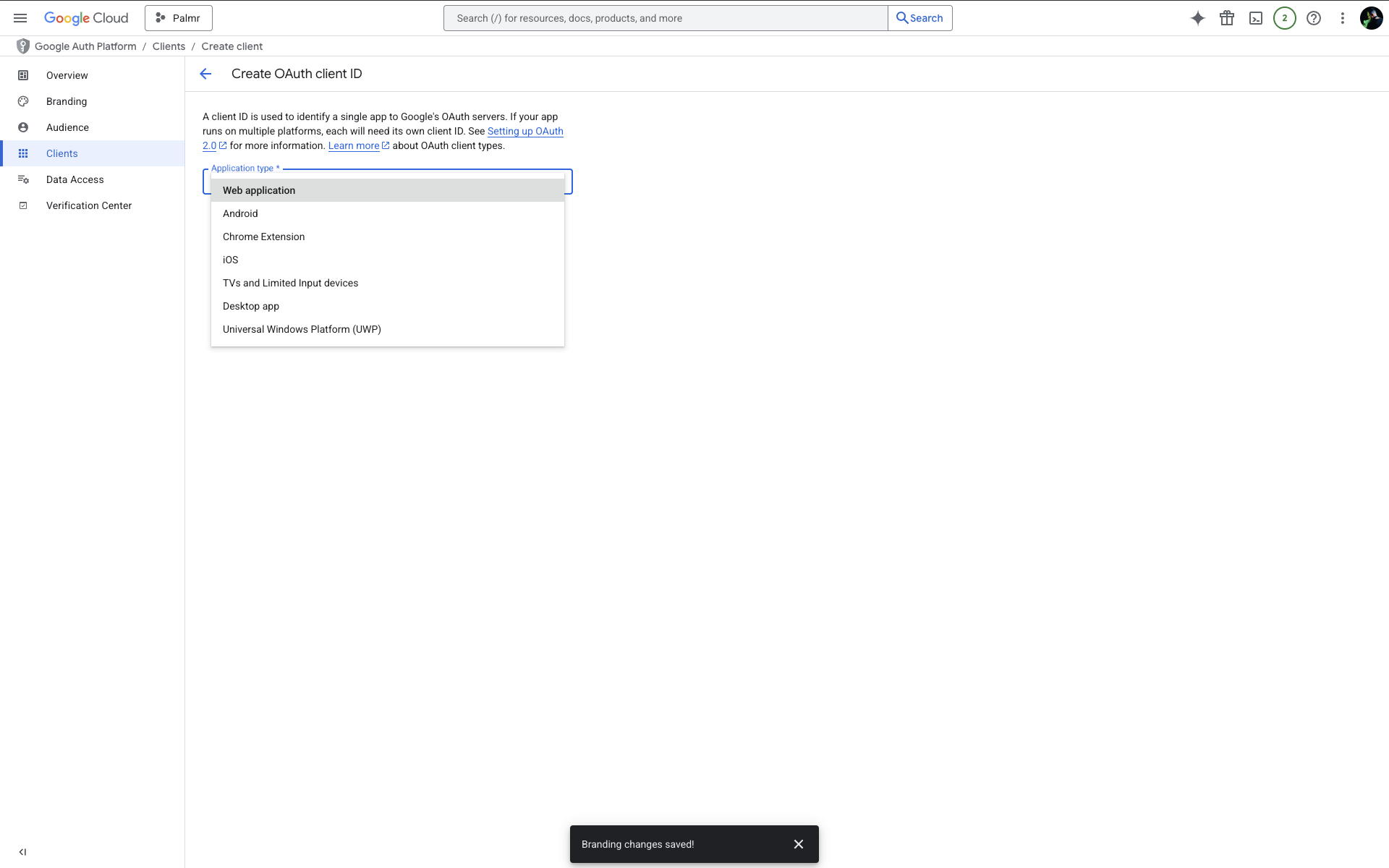 Google Cloud Console Web App Select