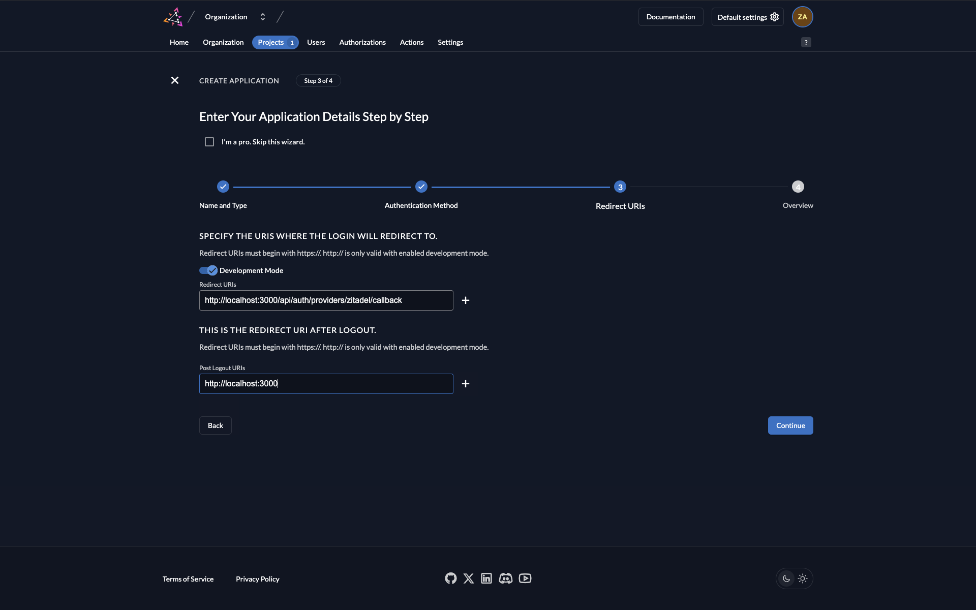 Zitadel Application URLs Configuration