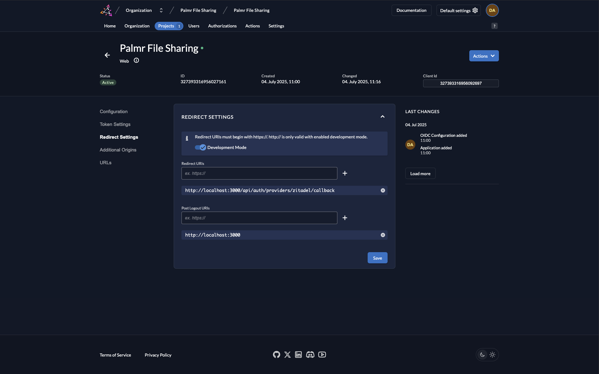 Zitadel Redirect Settings