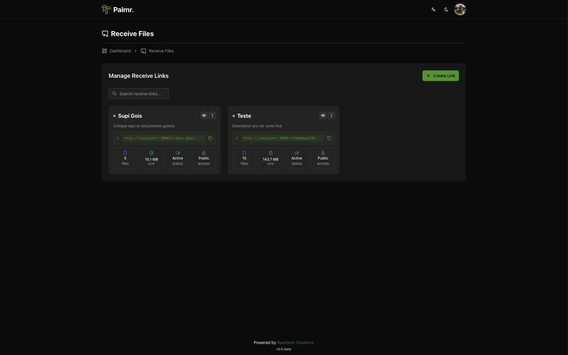 Receive Files - File upload interface with drag and drop functionality
