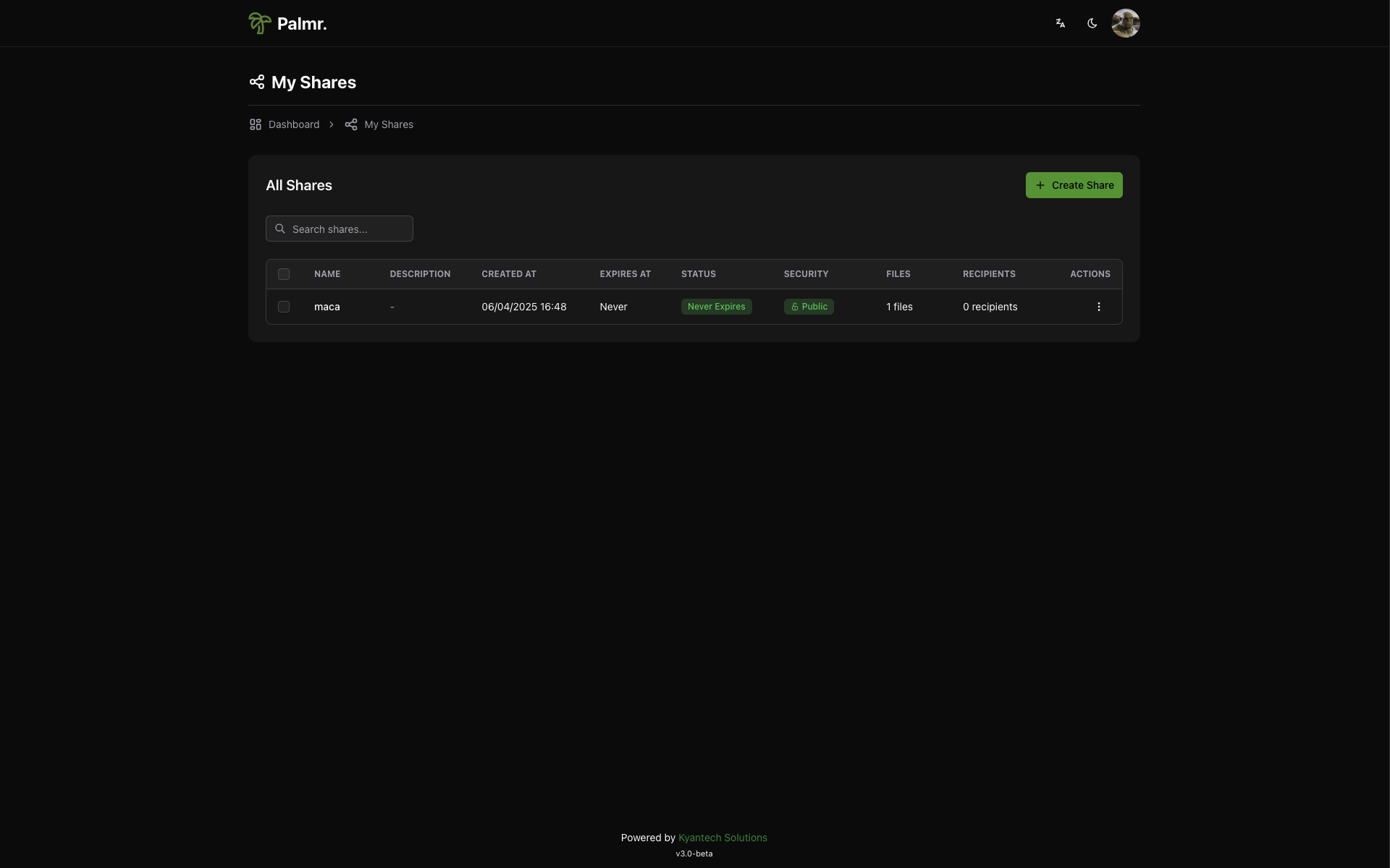 Shares Page - Share management with permissions and access controls